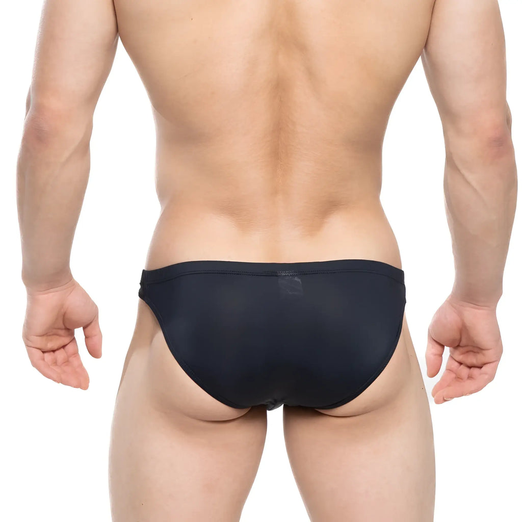 MetroMaleWear Vaquero bikini black swim trunks with form-fitting smooth stretchy fabric and subtle waistband logo