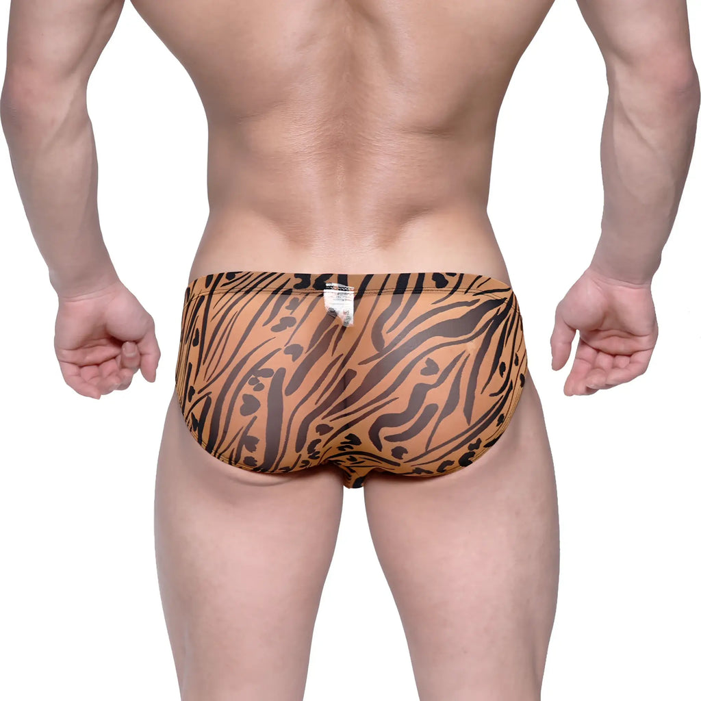 Orange and black tiger-striped swim trunks metro malewear vasco hip brief animal gold 5103-75 front view