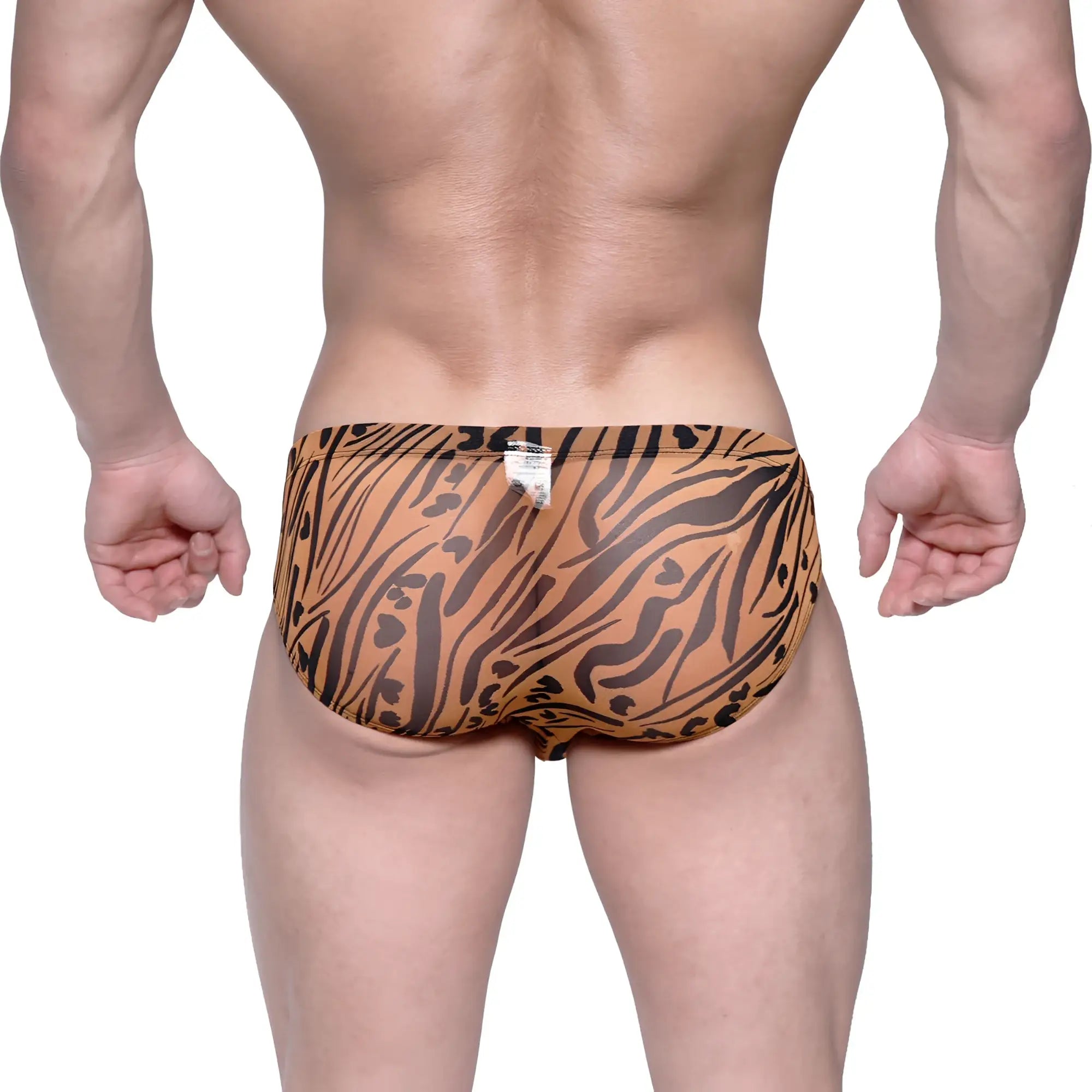 Orange and black tiger-striped swim trunks metro malewear vasco hip brief animal gold 5103-75 front view