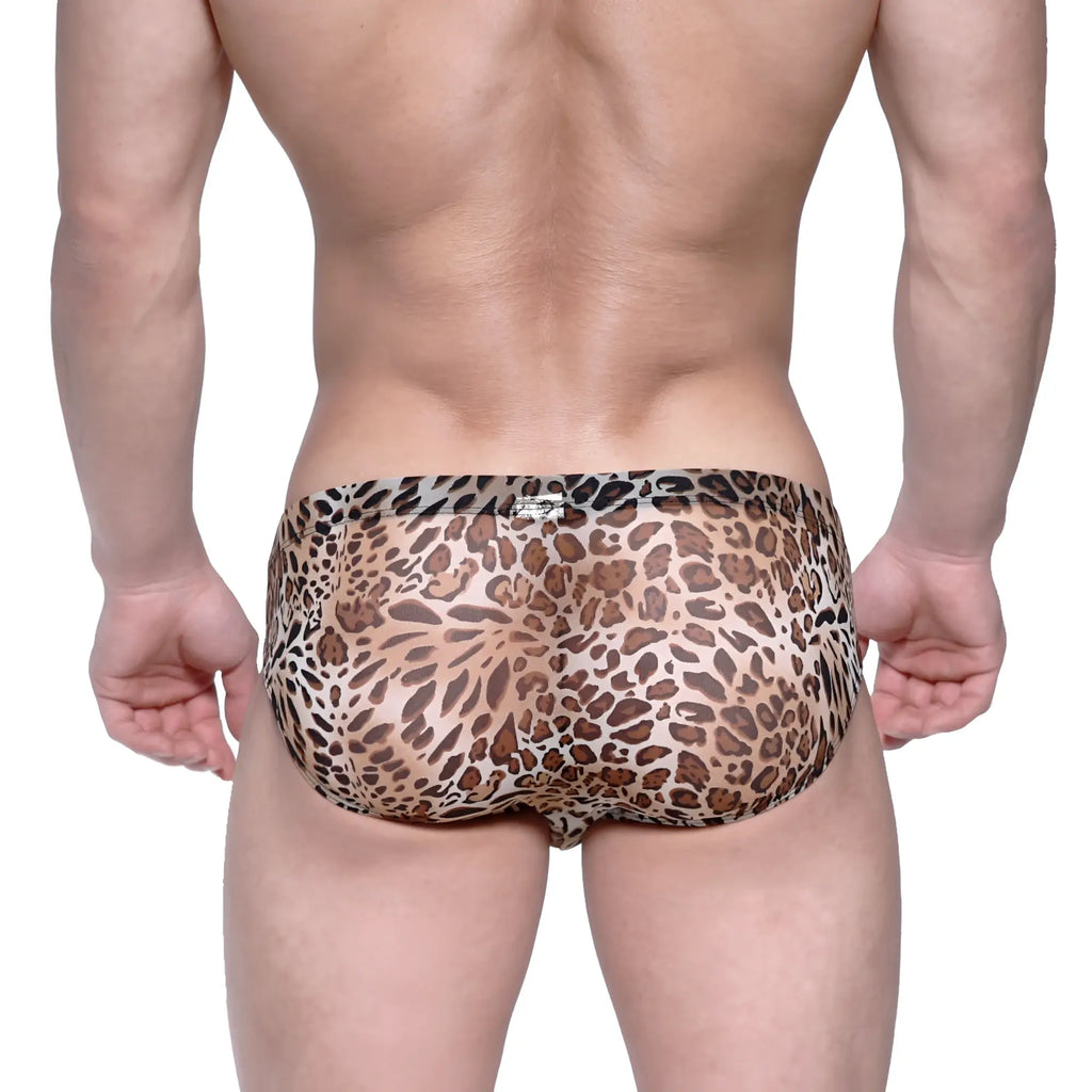 MetroMaleWear Vasco hip brief animal yellow swim trunks with leopard print in sheer stretchy fabric with brown and black spots