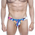MetroMaleWear Vasco hip brief atractivo 5103-33 featuring vibrant geometric blue pink and yellow pattern on white base