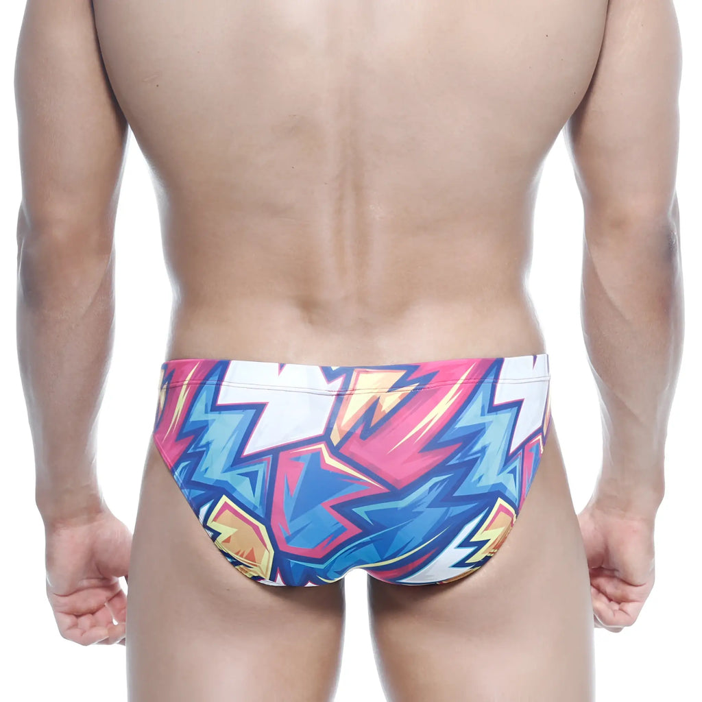 MetroMaleWear Vasco Hip Brief Atractivo 5103-33 swim trunks with vibrant pink blue and yellow lightning bolt patterns on white base