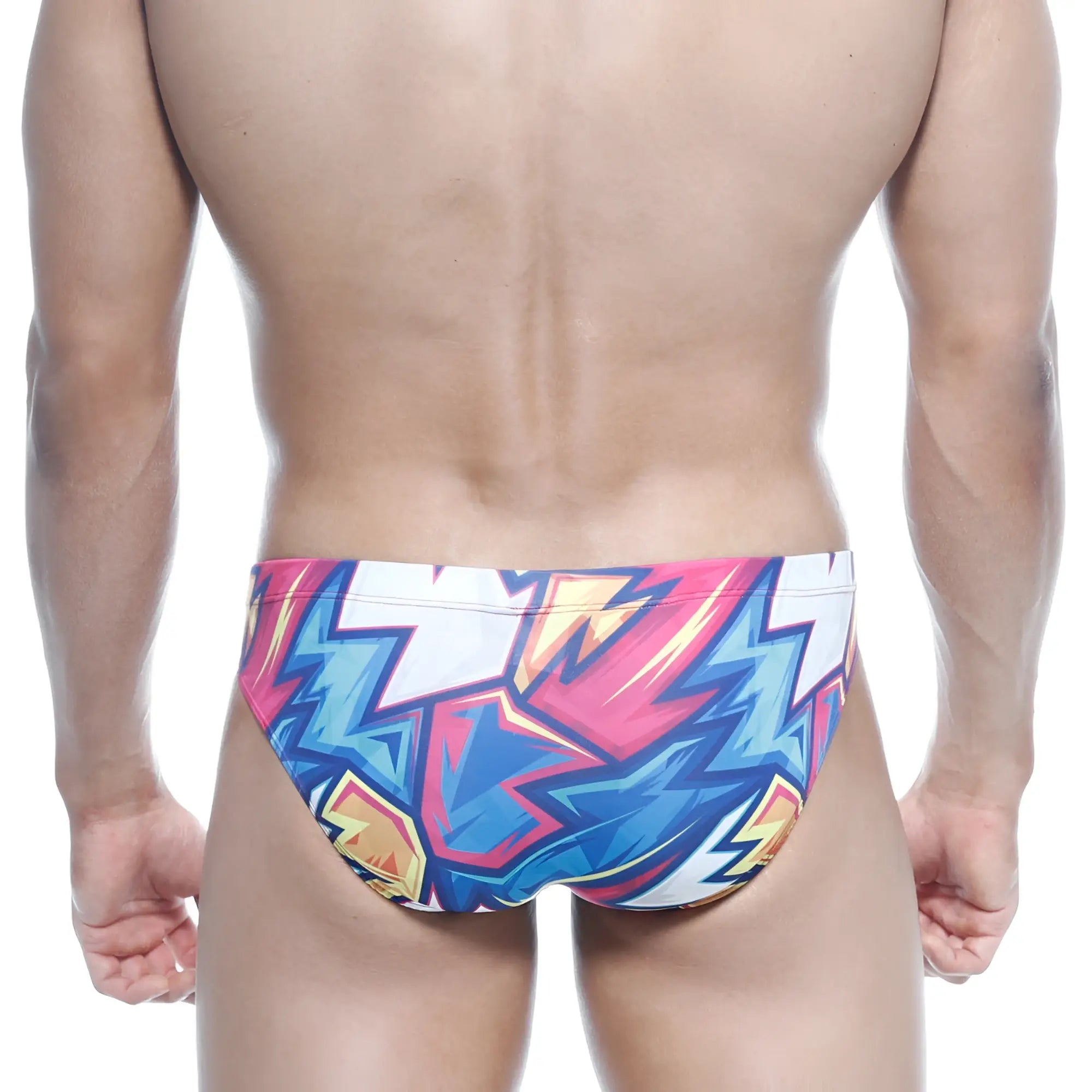 MetroMaleWear Vasco Hip Brief Atractivo 5103-33 swim trunks with vibrant pink blue and yellow lightning bolt patterns on white base