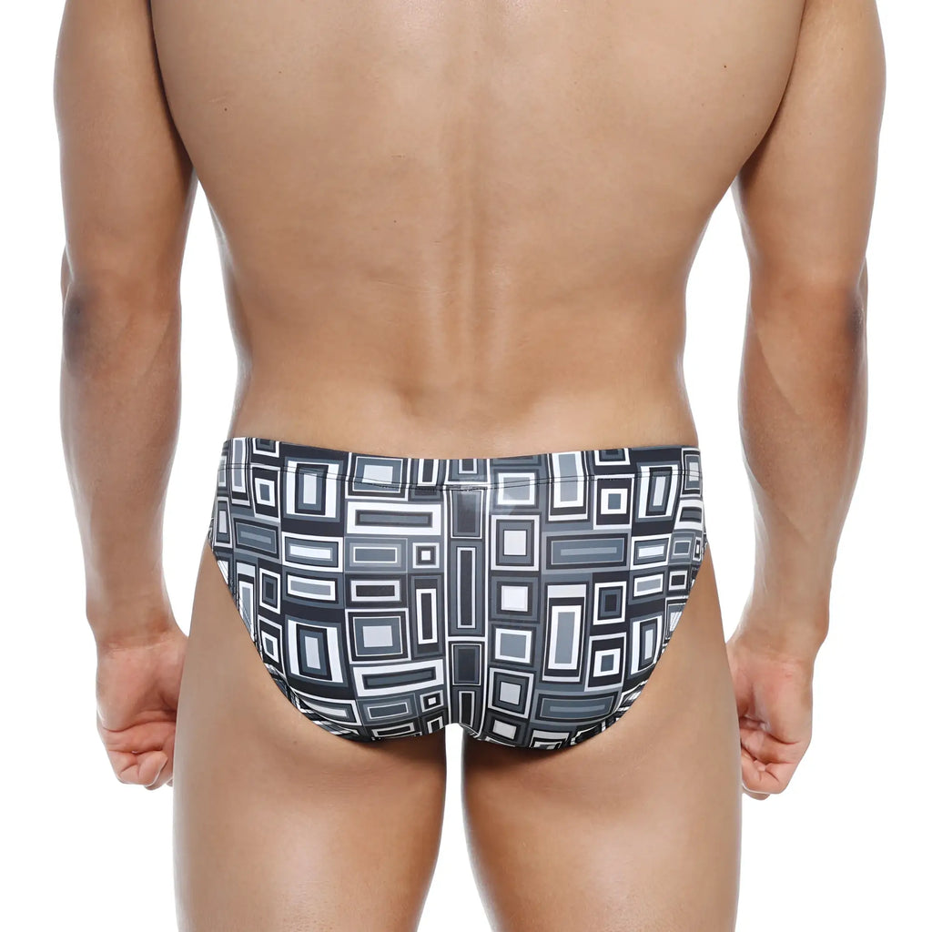 MetroMalewear Vasco hip brief swim trunks in black and white geometric pattern with modern abstract design
