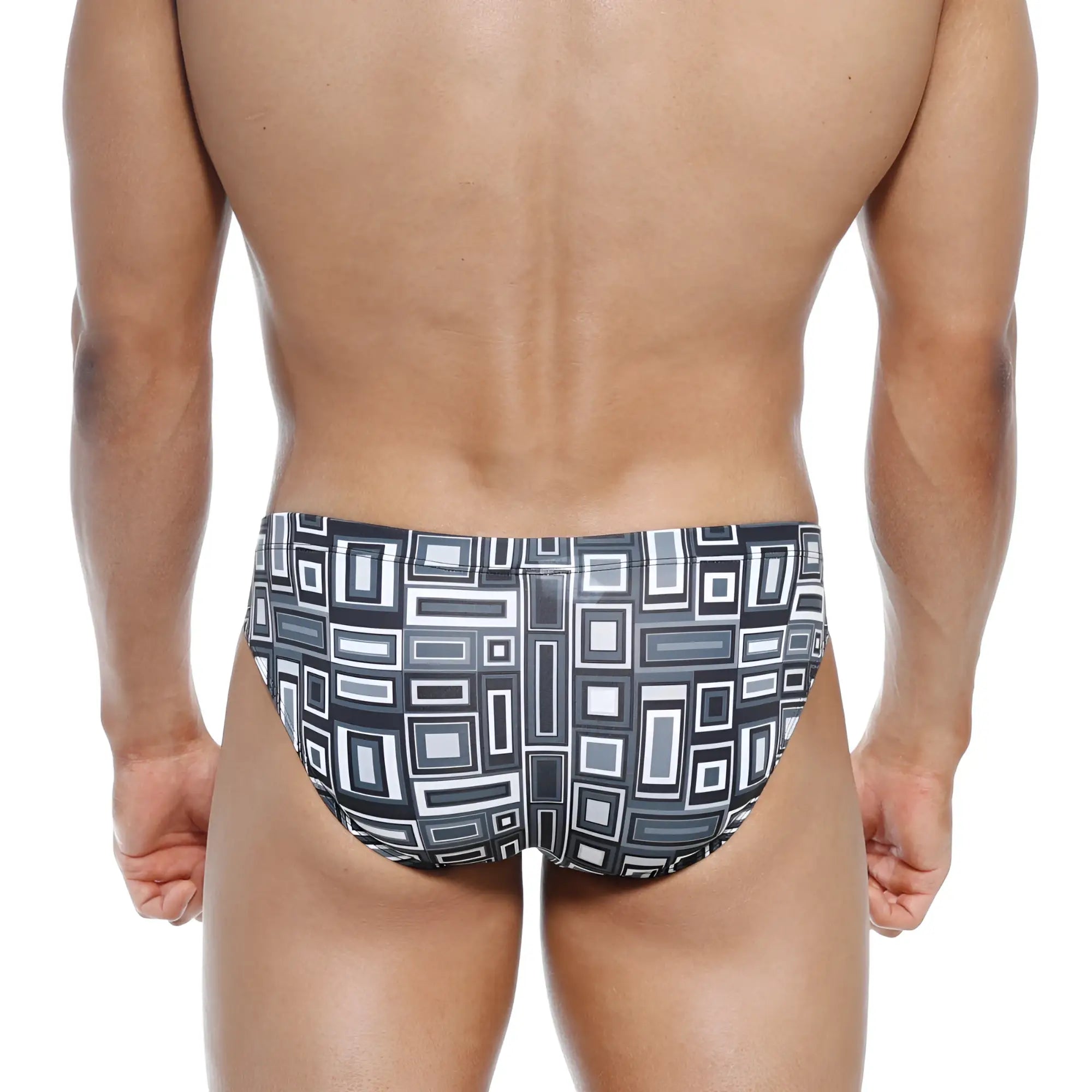 MetroMalewear Vasco hip brief swim trunks in black and white geometric pattern with modern abstract design