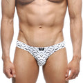 White mens briefs with bold black geometric and mustache patterns and naninen branding metroMalewear Vasco hip brief