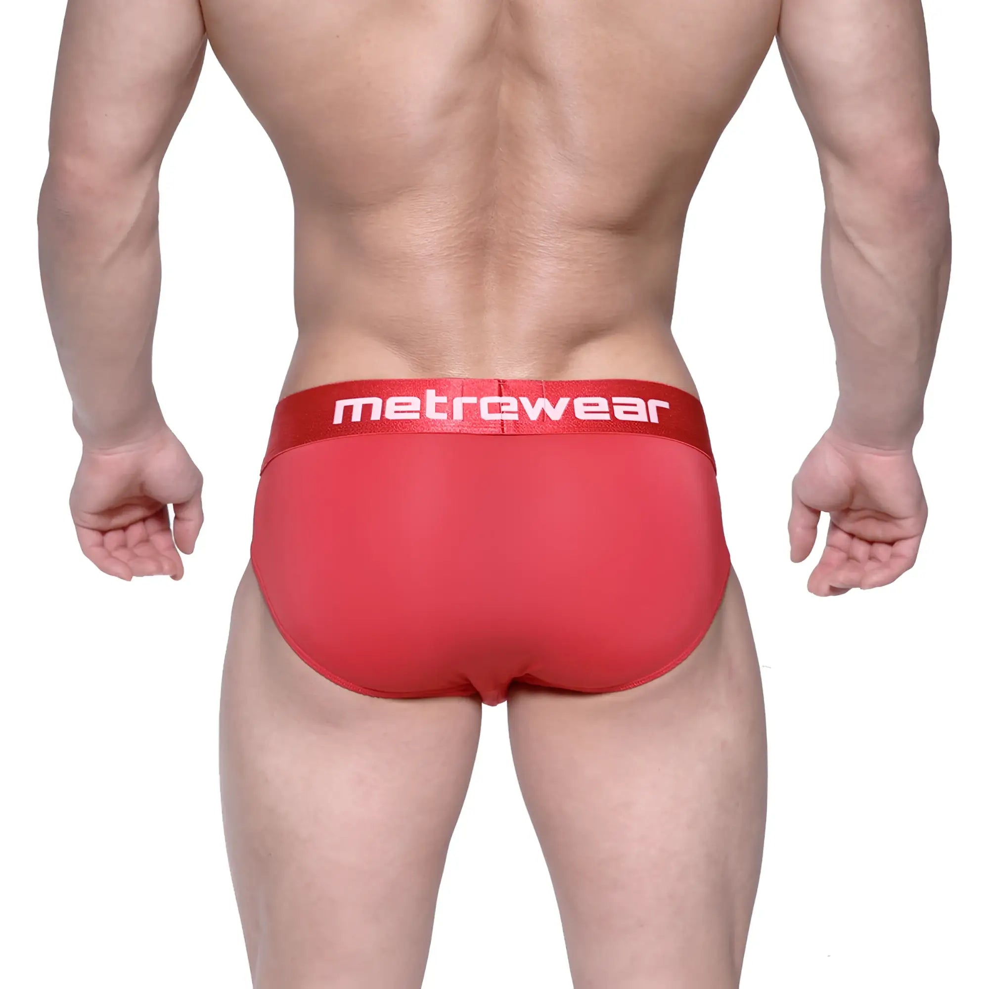 Red metrowear vasco hip briefs in crimson with matching red waistband featuring white lettering for men