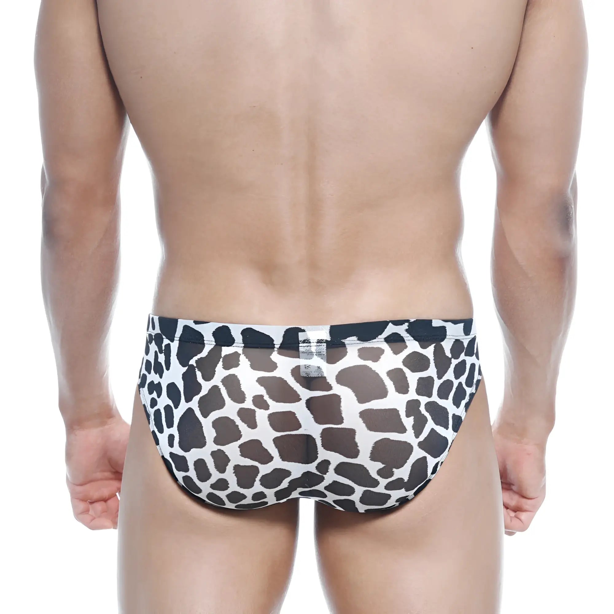 Metro male wear vasco hip brief with white fabric and black and brown giraffe print pattern in front view