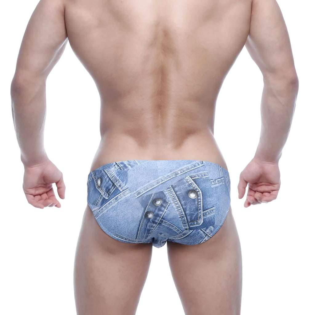 MetroMaleWear Vasco hip briefs in denim blue featuring realistic fabric design with stitched pockets and metallic buttons