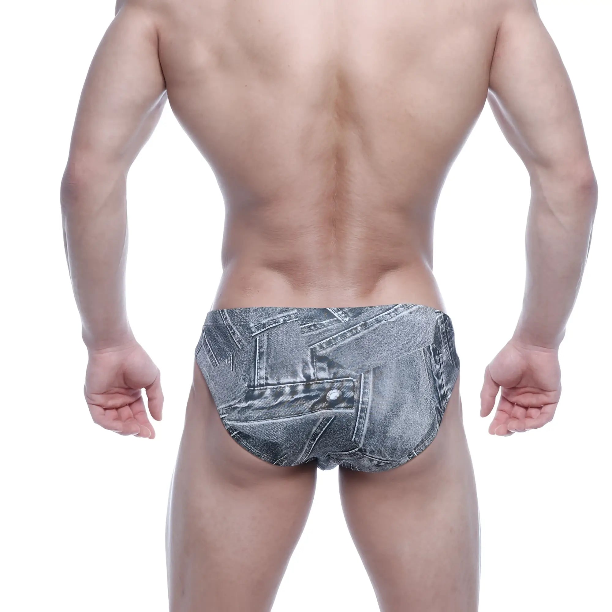 MetroMaleWear Vasco hip brief in gray denim with patchwork design featuring a stylish denim pattern