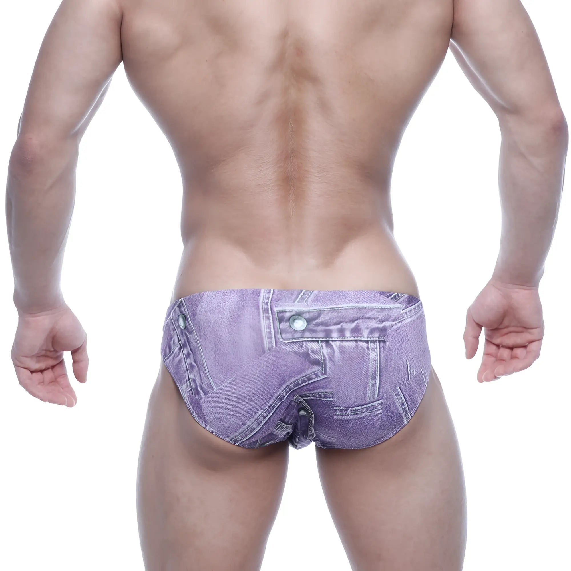 Purple denim-patterned mens briefs with button and zipper detail metro male wear vasco hip brief denim purple 5103-69