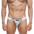 White briefs with black and red floral pattern and metroMalewear logo on waistband metroMalewear vasco hip brief escobar 5103-09