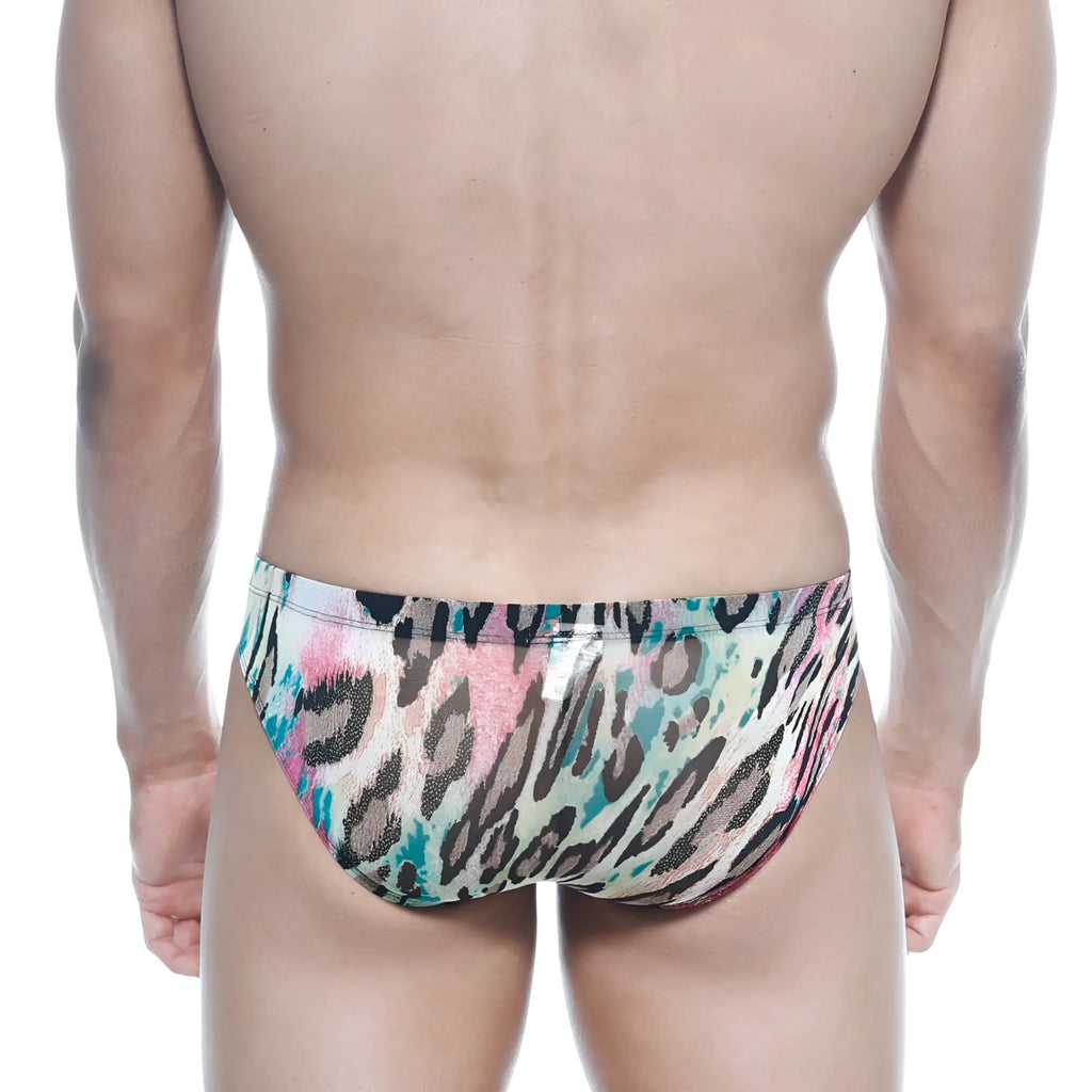Metro male wear vasco hip brief fenrir 5103-79 vibrant multicolored leopard print swim trunks with pink teal and black on beige