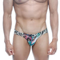A vibrant metro male wear vasco hip brief with pink teal and black abstract patterns on a white base