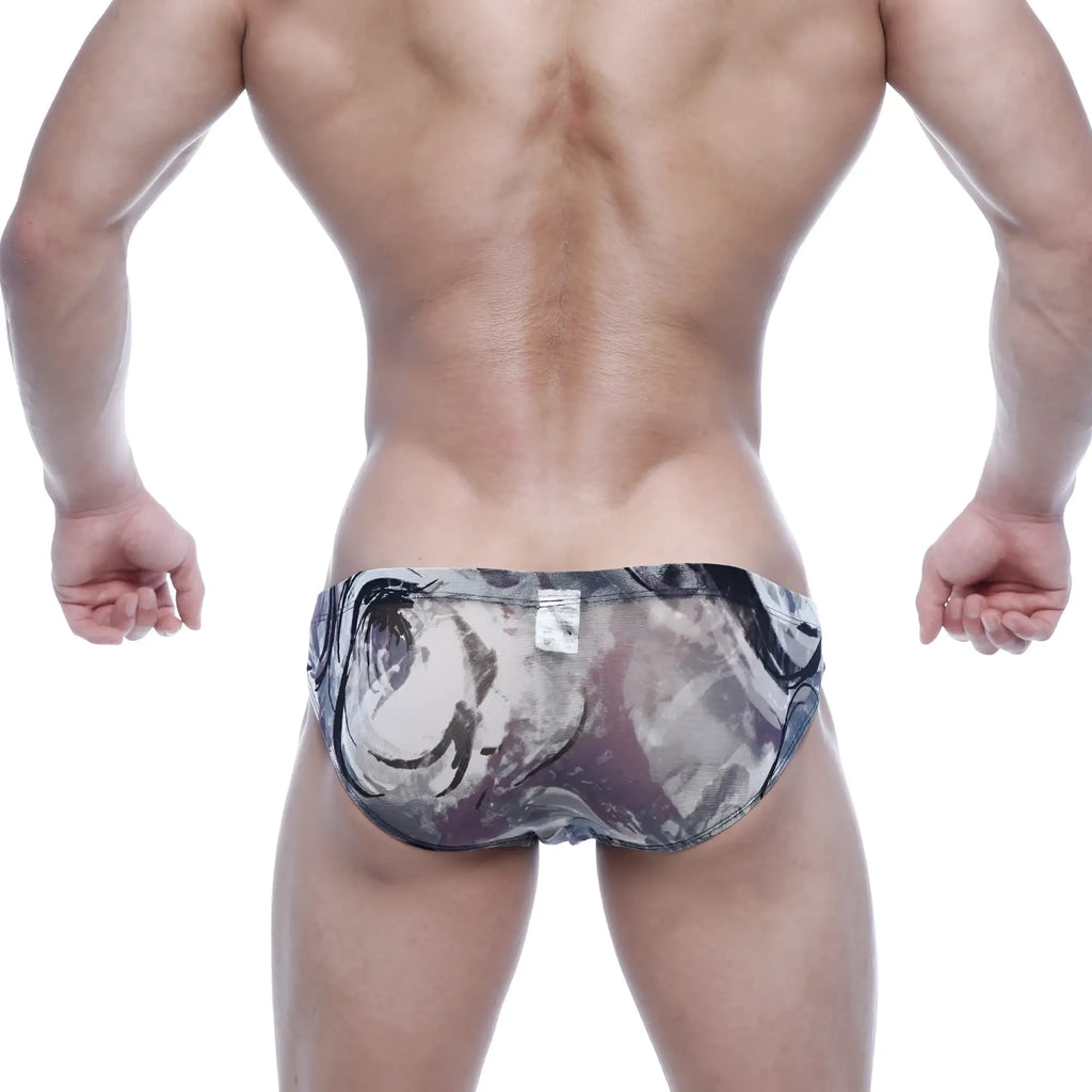 Metro malewear vasco hip brief grass 5103-71 black and gray abstract swirl mesh swim trunks front view