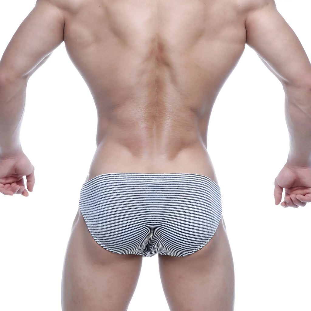 Metro male wear vasco hip brief striped in navy and white made from smooth form-fitting fabric