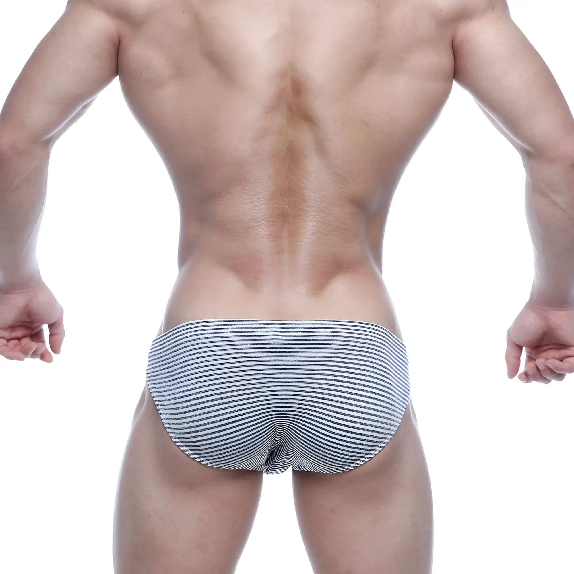 Metro male wear vasco hip brief striped in navy and white made from smooth form-fitting fabric