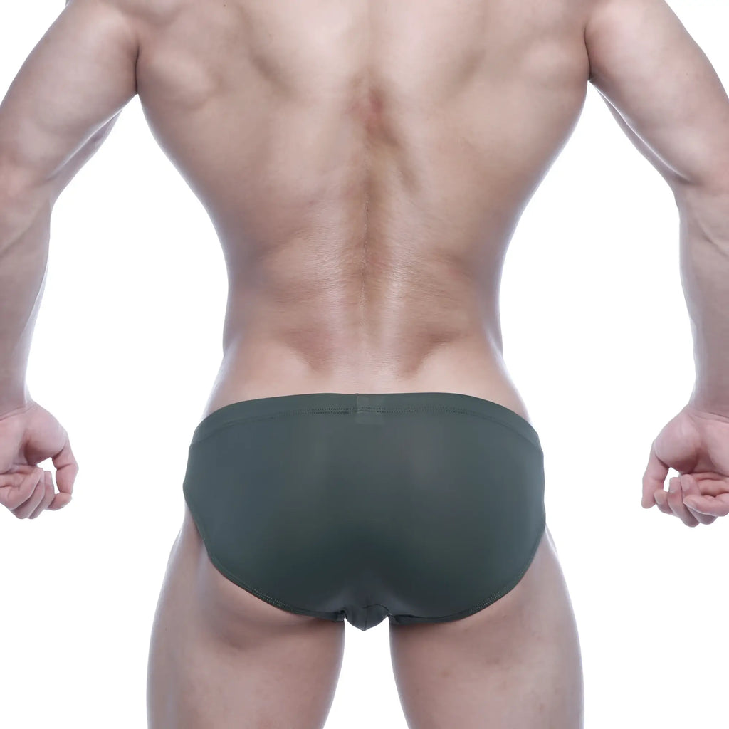 MetroMaleWear Vasco hip brief green in dark green sheer mesh fabric showing the back side of the product