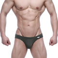 Olive green metro male wear vasco hip briefs with small white brand tag on waistband, comfortable and stylish