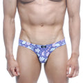 Purple floral-patterned men’s thong with black brand tag from metromalewear vasco hip brief jardin 5103-44 collection