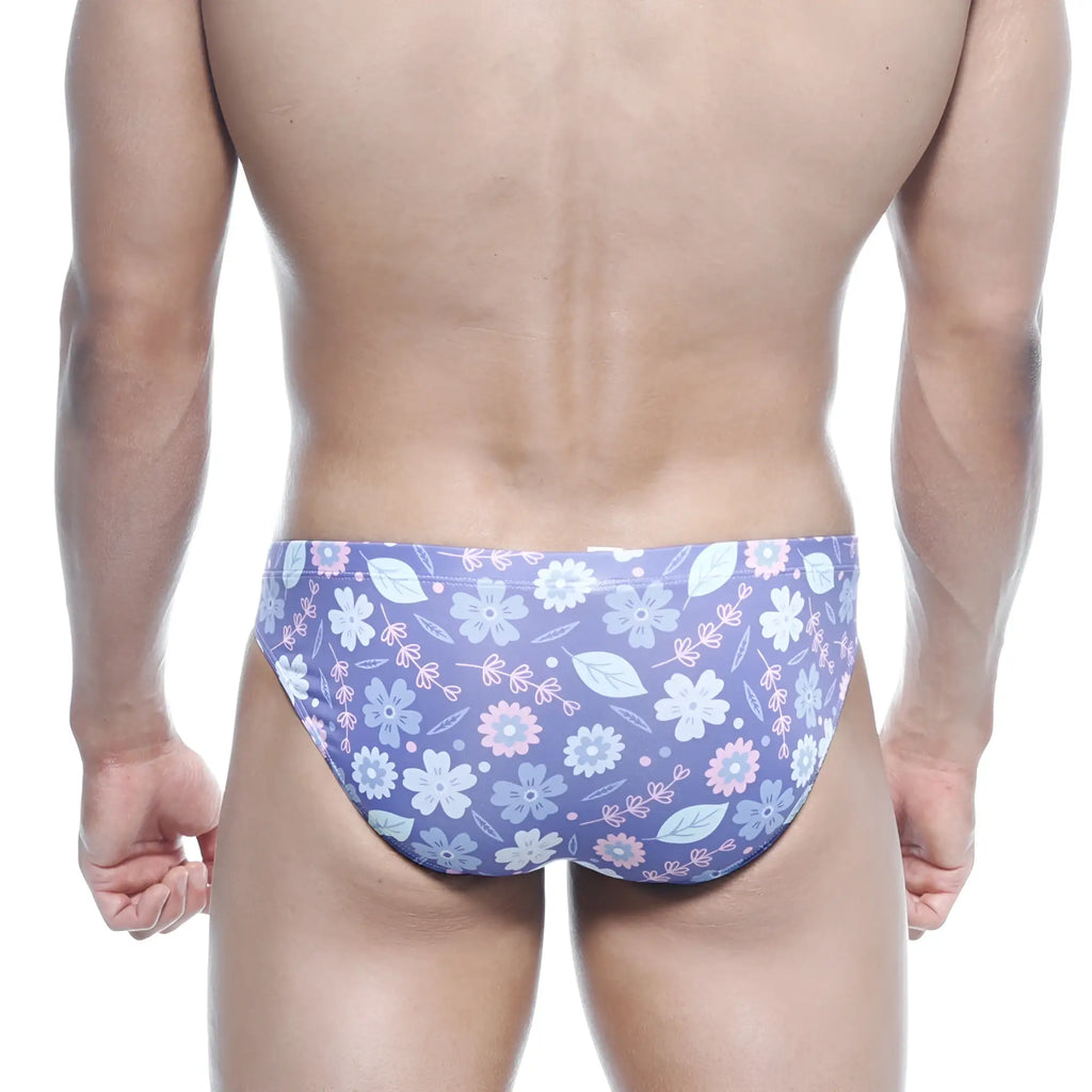 MetroMaleWear Vasco Hip Brief Jardin 5103-44 purple floral swim trunks with light blue pink blossoms on soft stretchy fabric