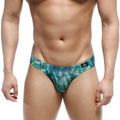 MetroMaleWear Vasco hip brief in teal and green tropical leaf pattern with black brand tag for men