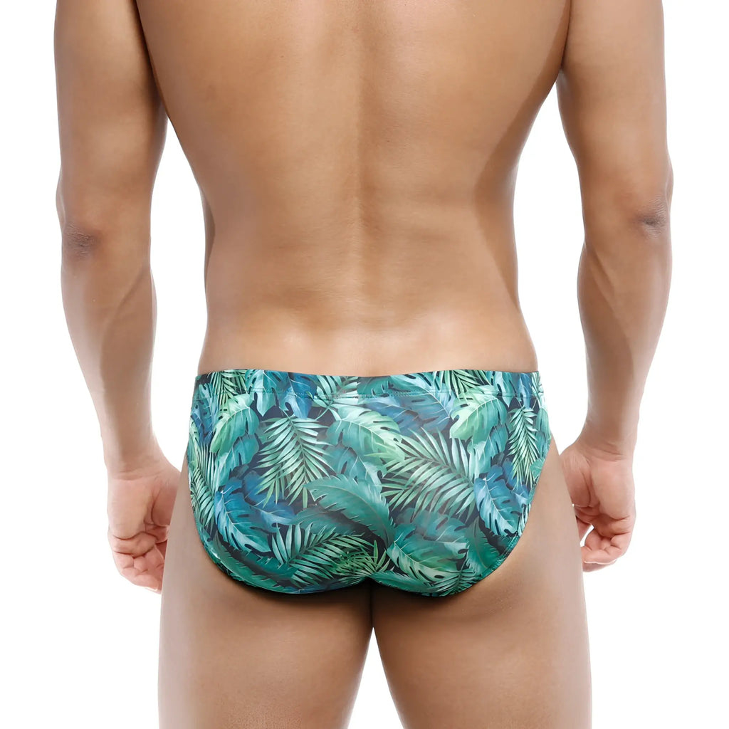 MetroMaleWear Vasco Hip Brief Jungle 5103-88 tropical leaf patterned swim trunks in teal and green shades