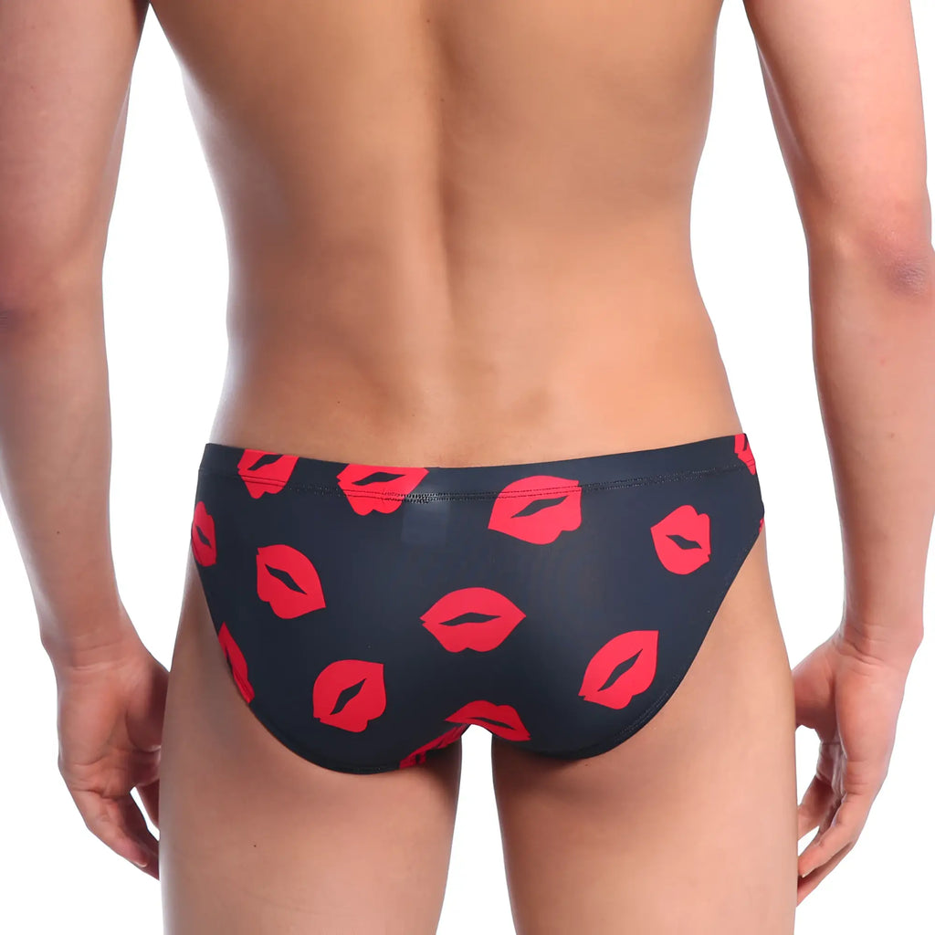 Black swim trunks metro male wear vasco hip brief with bold red lipstick pattern for stylish beachwear