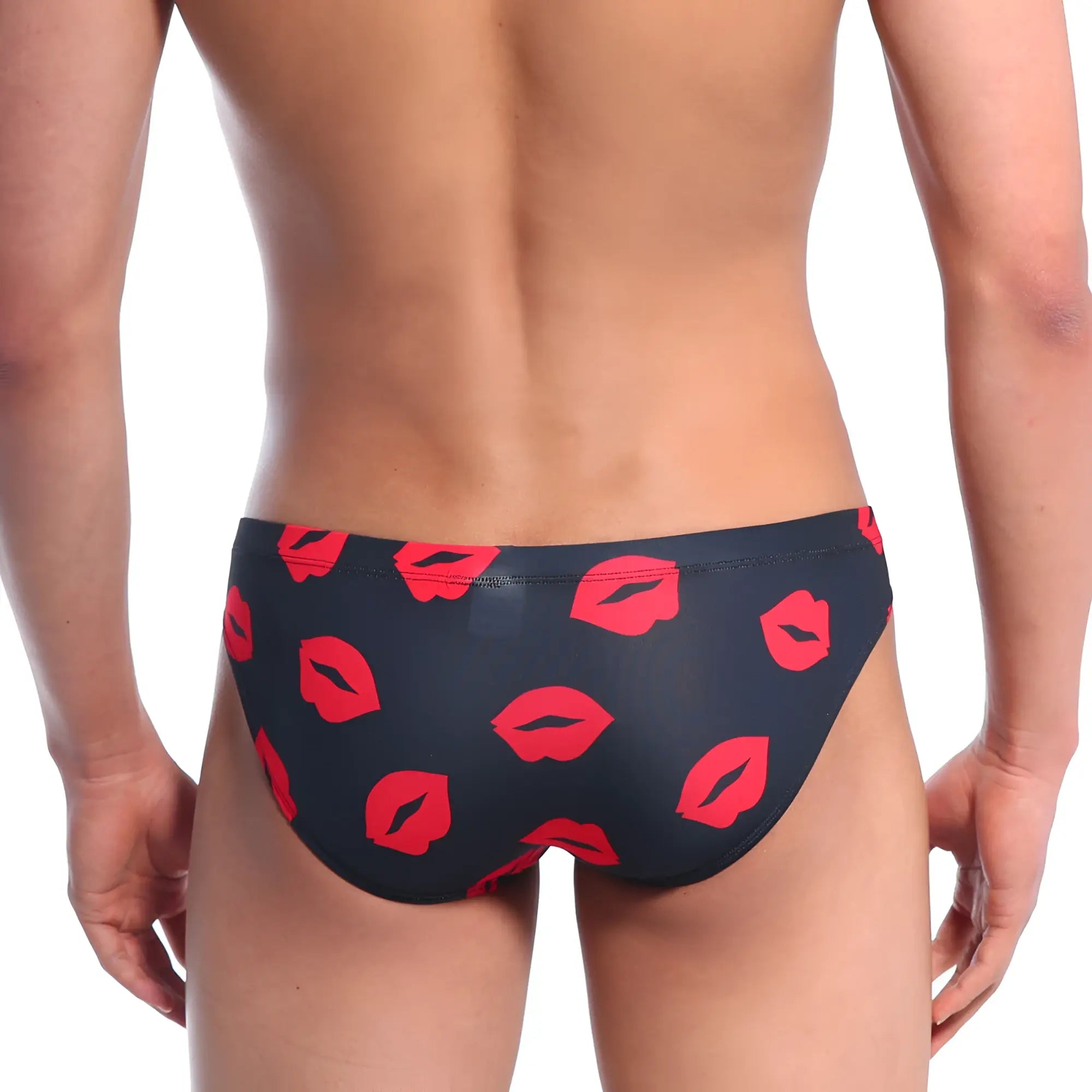 Black swim trunks metro male wear vasco hip brief with bold red lipstick pattern for stylish beachwear
