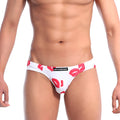 White mens briefs with bold red lipstick print and metromalewear label metroMalewear vasco hip brief kiss white 5103-66