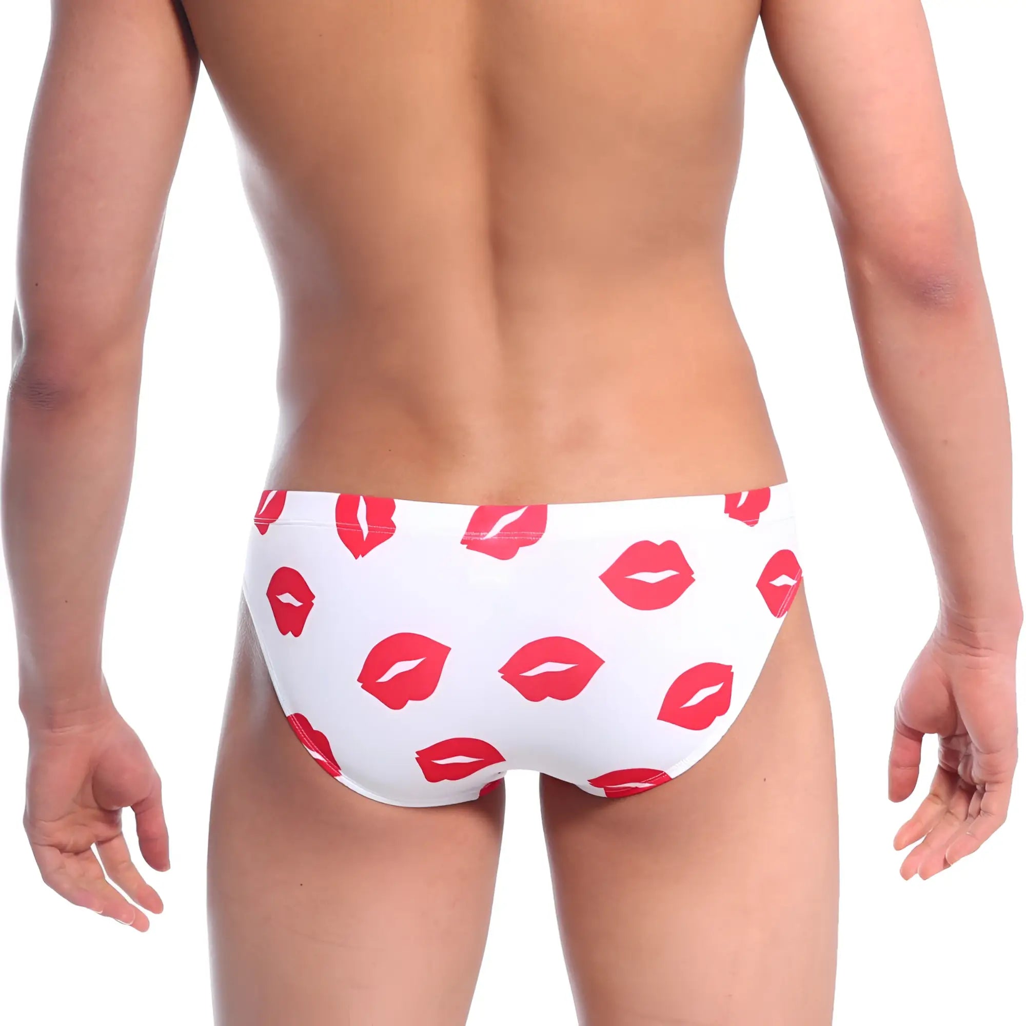 White swim trunks metro male wear vasco hip brief featuring red lipstick kiss mark pattern for stylish beachwear