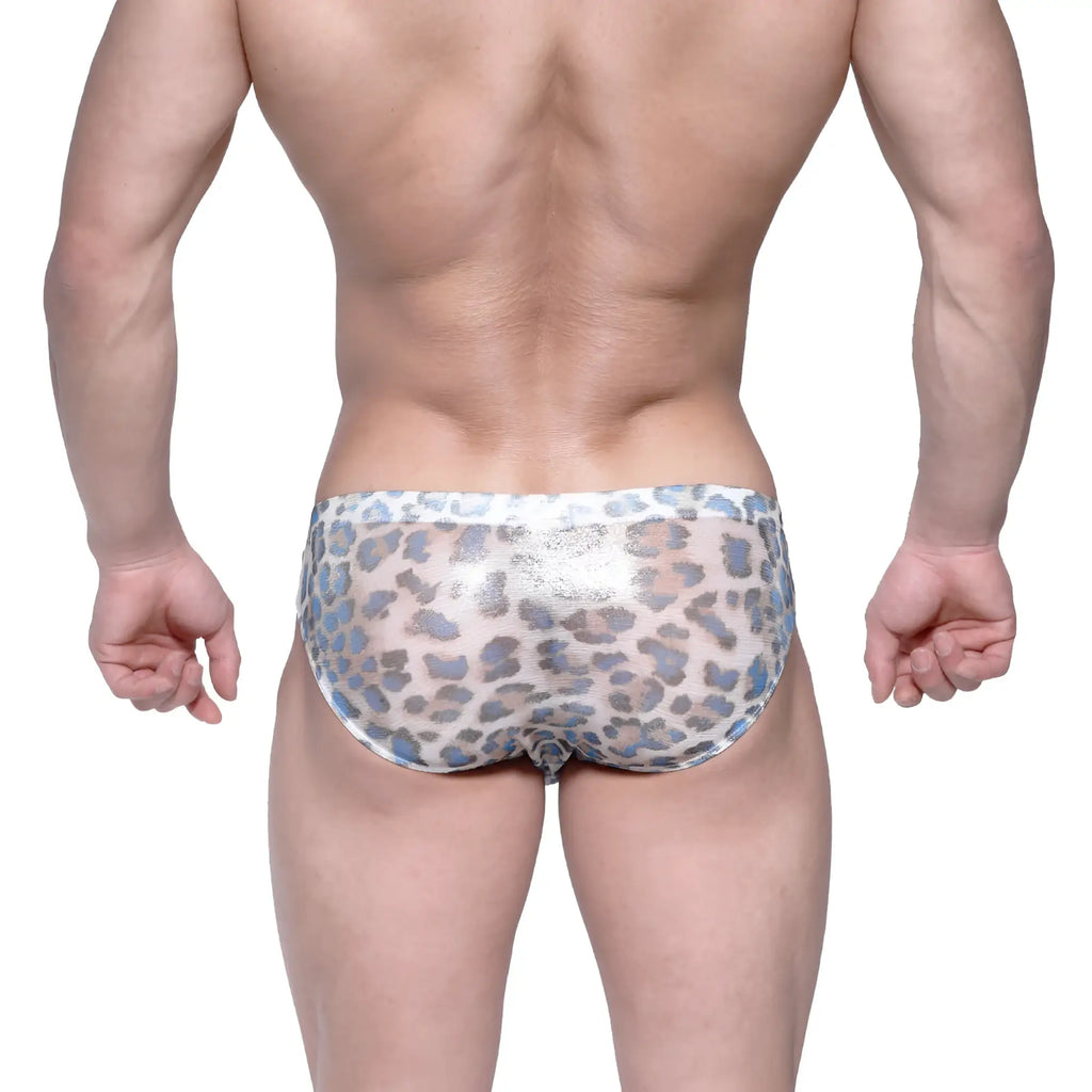 Shiny silver and blue leopard-print metroMalewear vasco hip brief men’s underwear with metallic finish