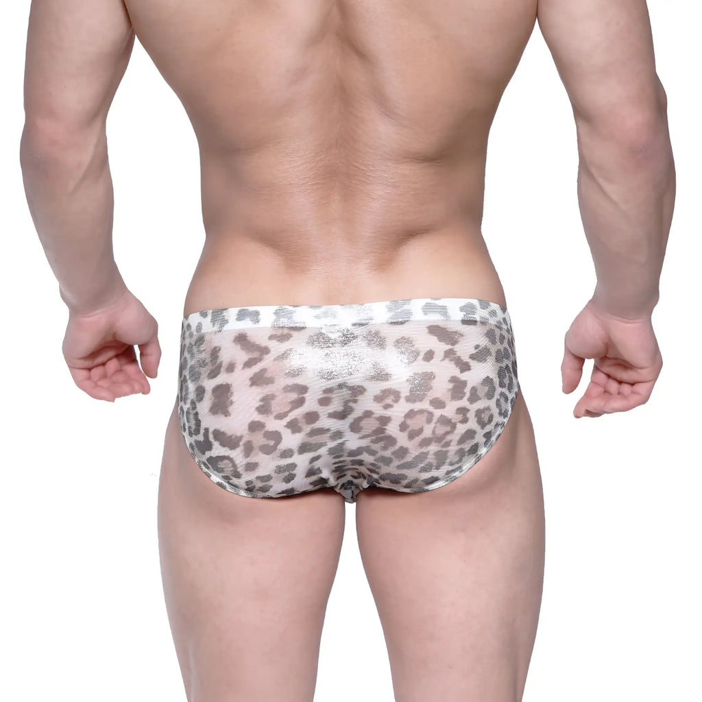 Gray and white leopard-print mesh briefs from MetroMaleWear Vasco hip brief leopard yellow 5103-72 collection