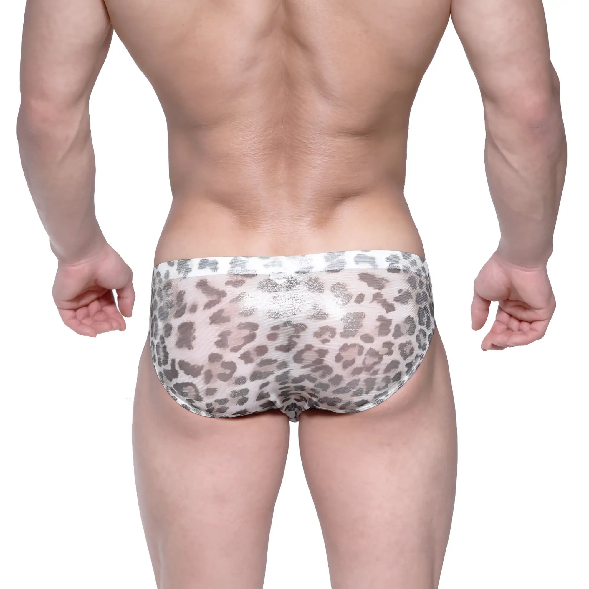 Gray and white leopard-print mesh briefs from MetroMaleWear Vasco hip brief leopard yellow 5103-72 collection