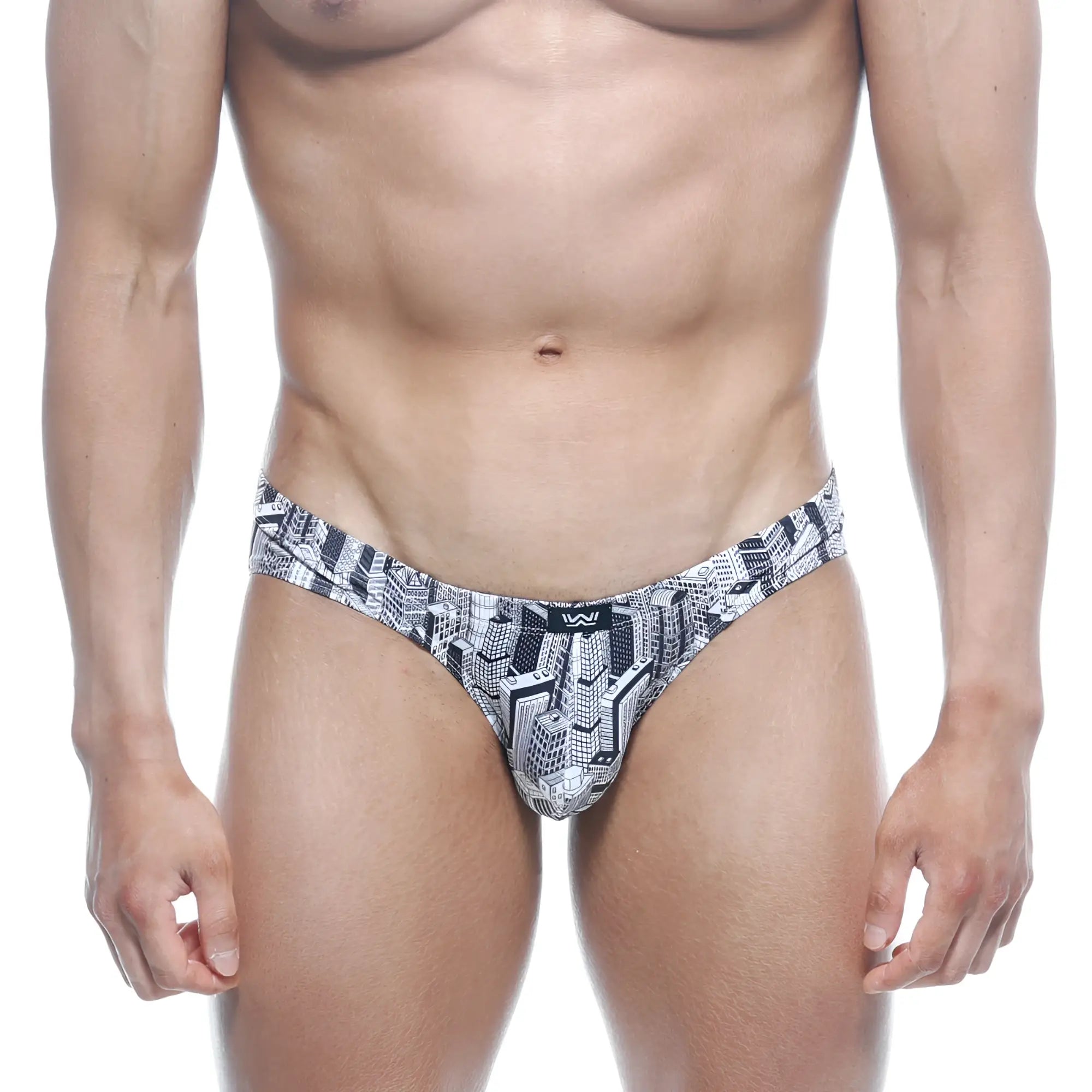 Black and white cityscape patterned men’s briefs with sleek modern design metro malewear vasco hip brief metro 5103-48