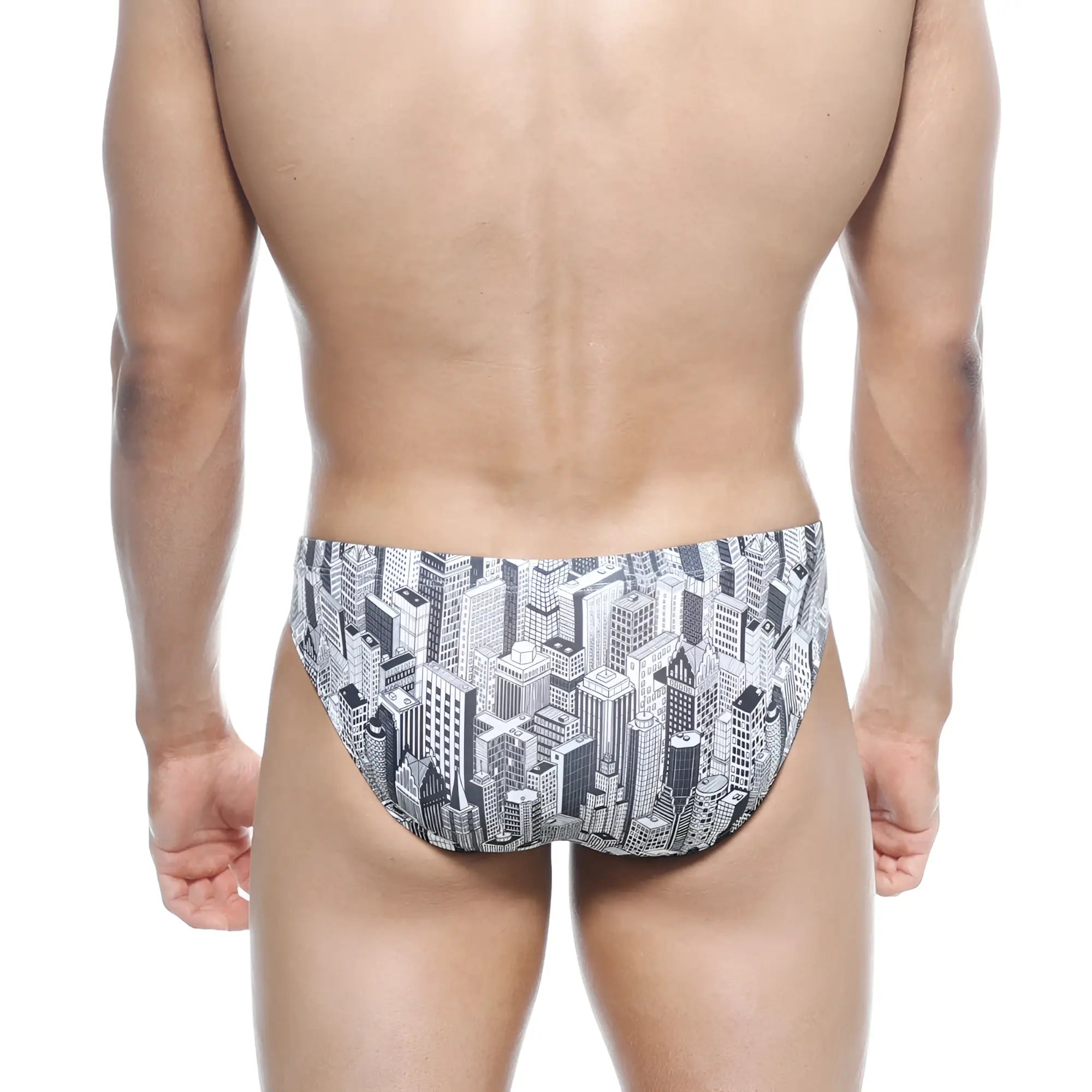 Black and white illustrated cityscape patterned swim trunks metro male wear vasco hip brief metro 5103-48
