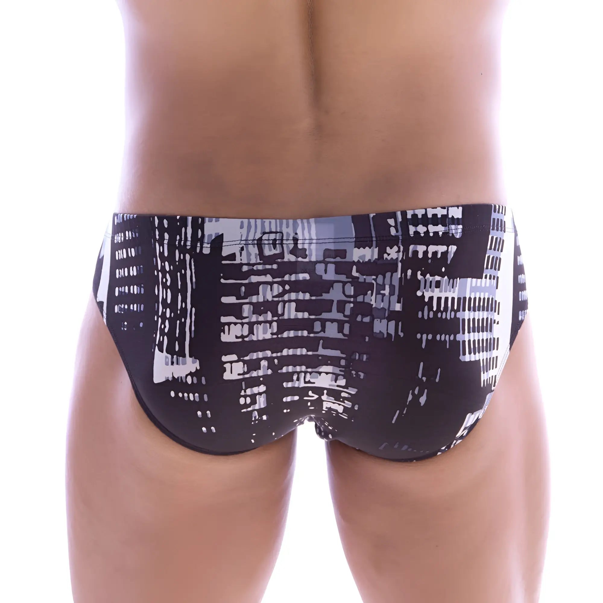 Black swim trunks metroMalewear vasco hip brief nocturn 5103-62 with bold white and gray cityscape print