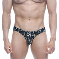 Black briefs with white abstract graffiti print metro male wear vasco hip brief oraculo 5103-78 front view