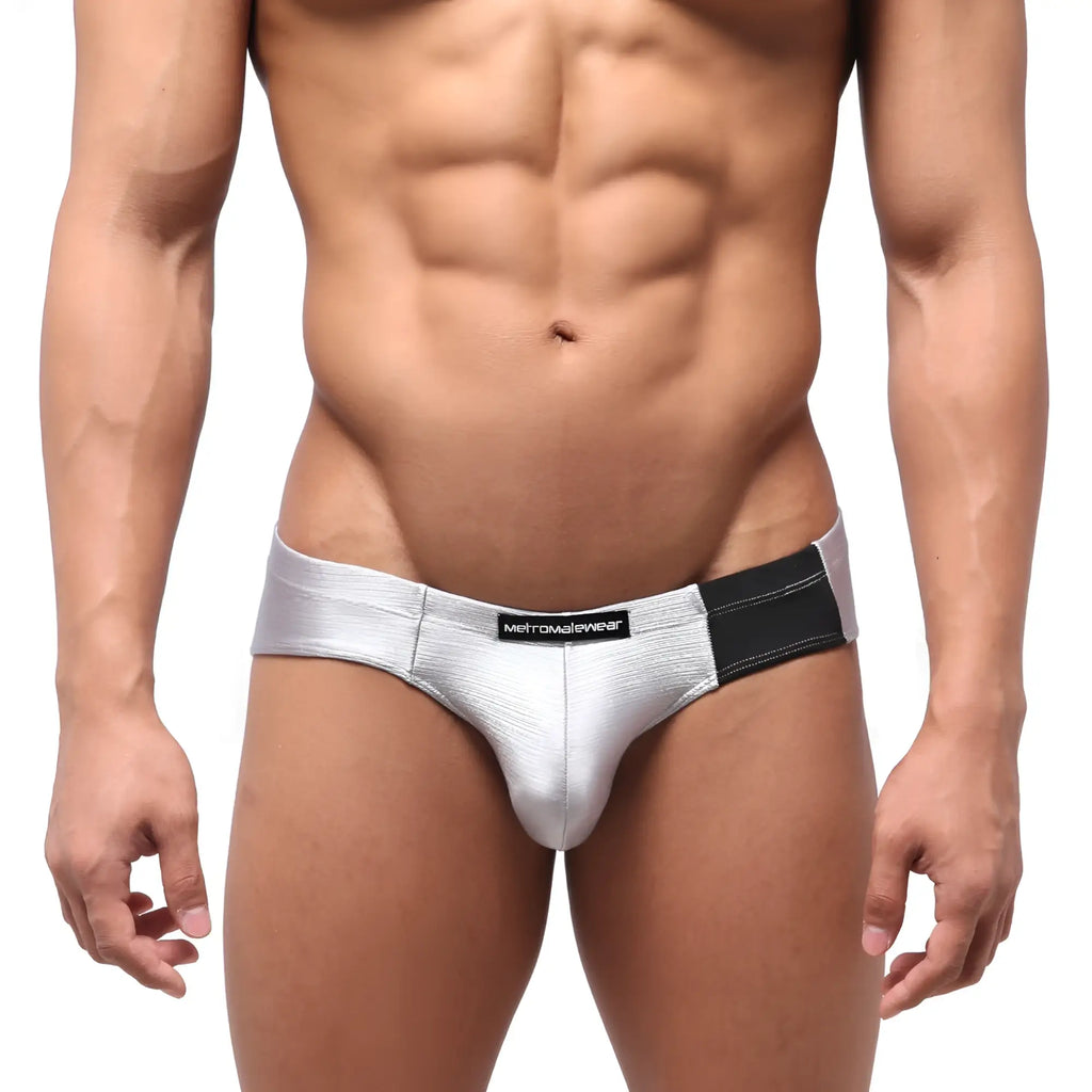 Silver metallic metro malewear vasco hip briefs with black elastic waistband and brand label titanium 5103-10