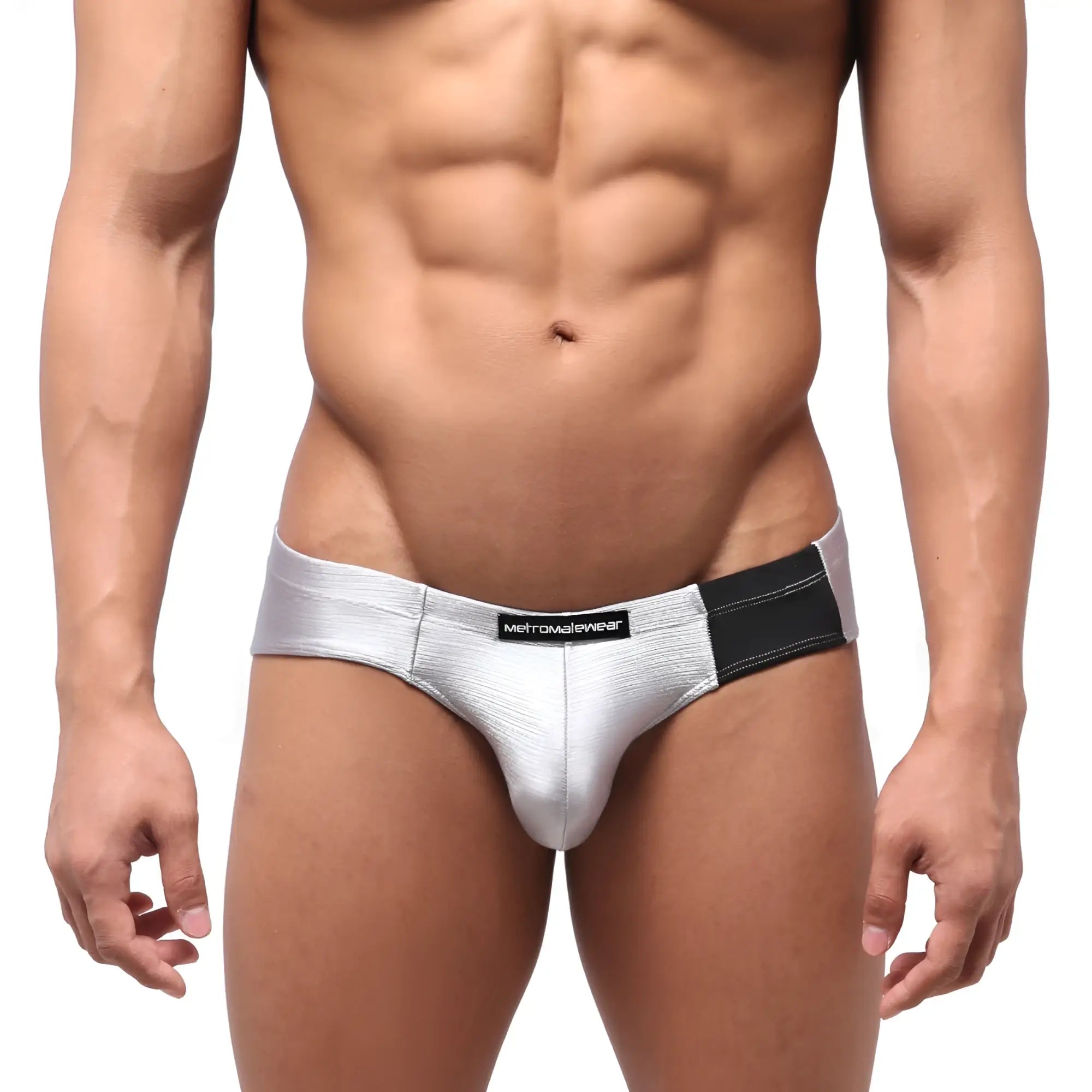 Silver metallic metro malewear vasco hip briefs with black elastic waistband and brand label titanium 5103-10