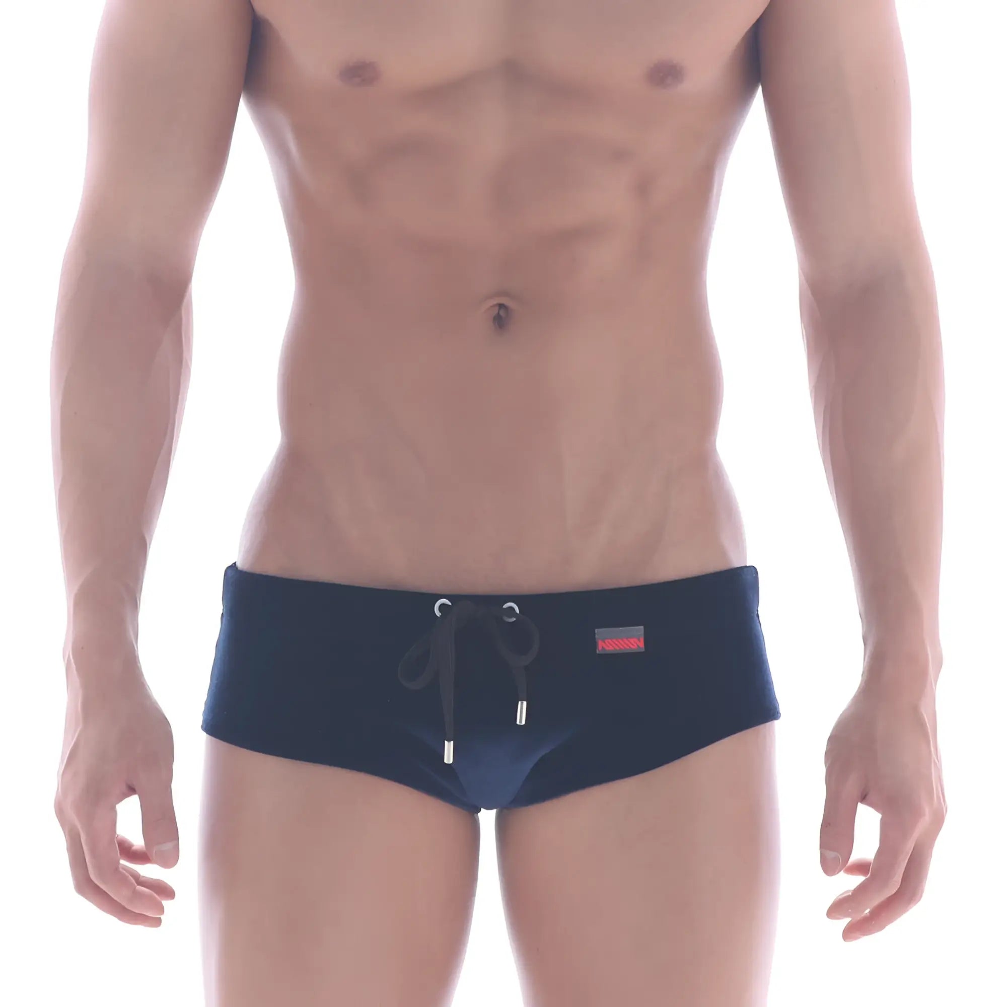 Navy blue velvet MetroMaleWear swim brief with black drawstring metal aglets and red brand tag on waistband