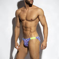 MetroMaleWear Vendeta Bikini Jardin 2614-44 purple floral swim trunks with bright neon green waistband front view