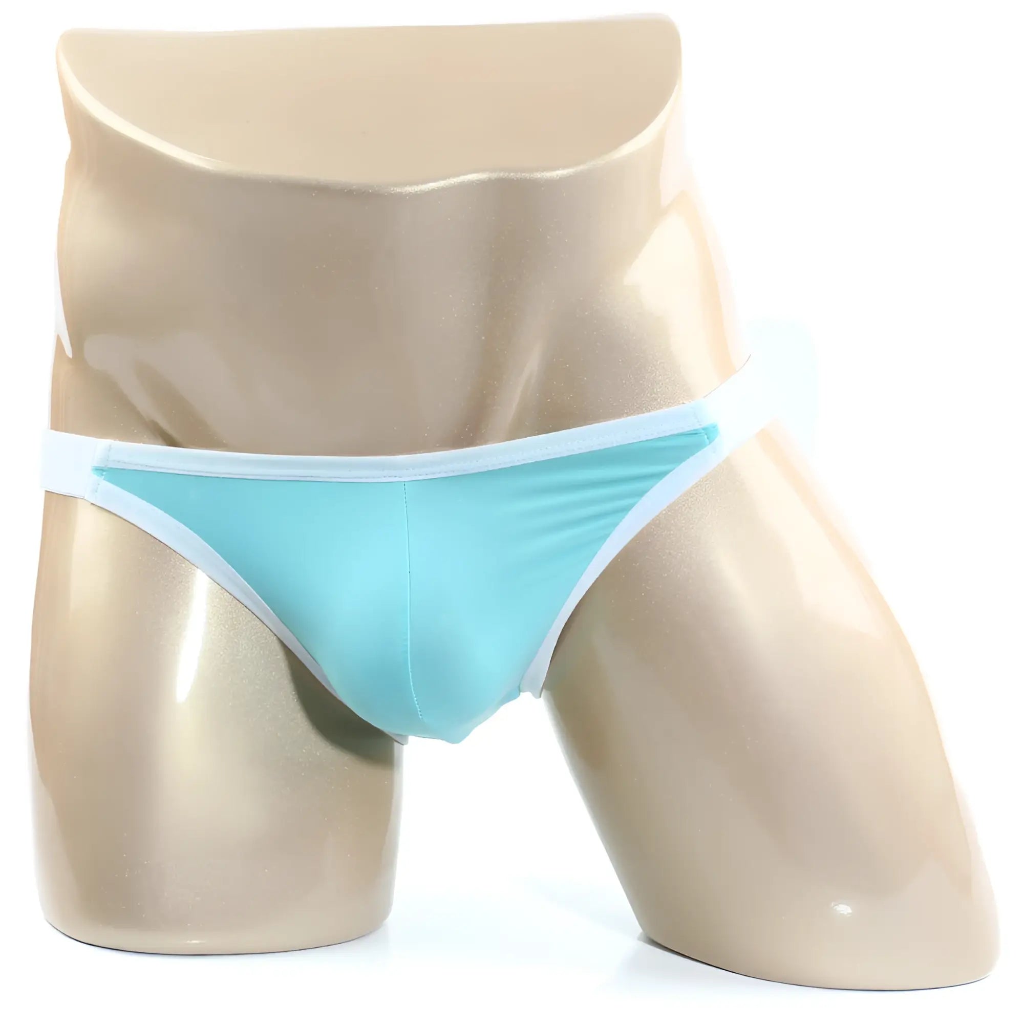 MetroMaleWear verano bikini pastel green 3606-07 light blue form-fitting briefs with white trim on mannequin front view