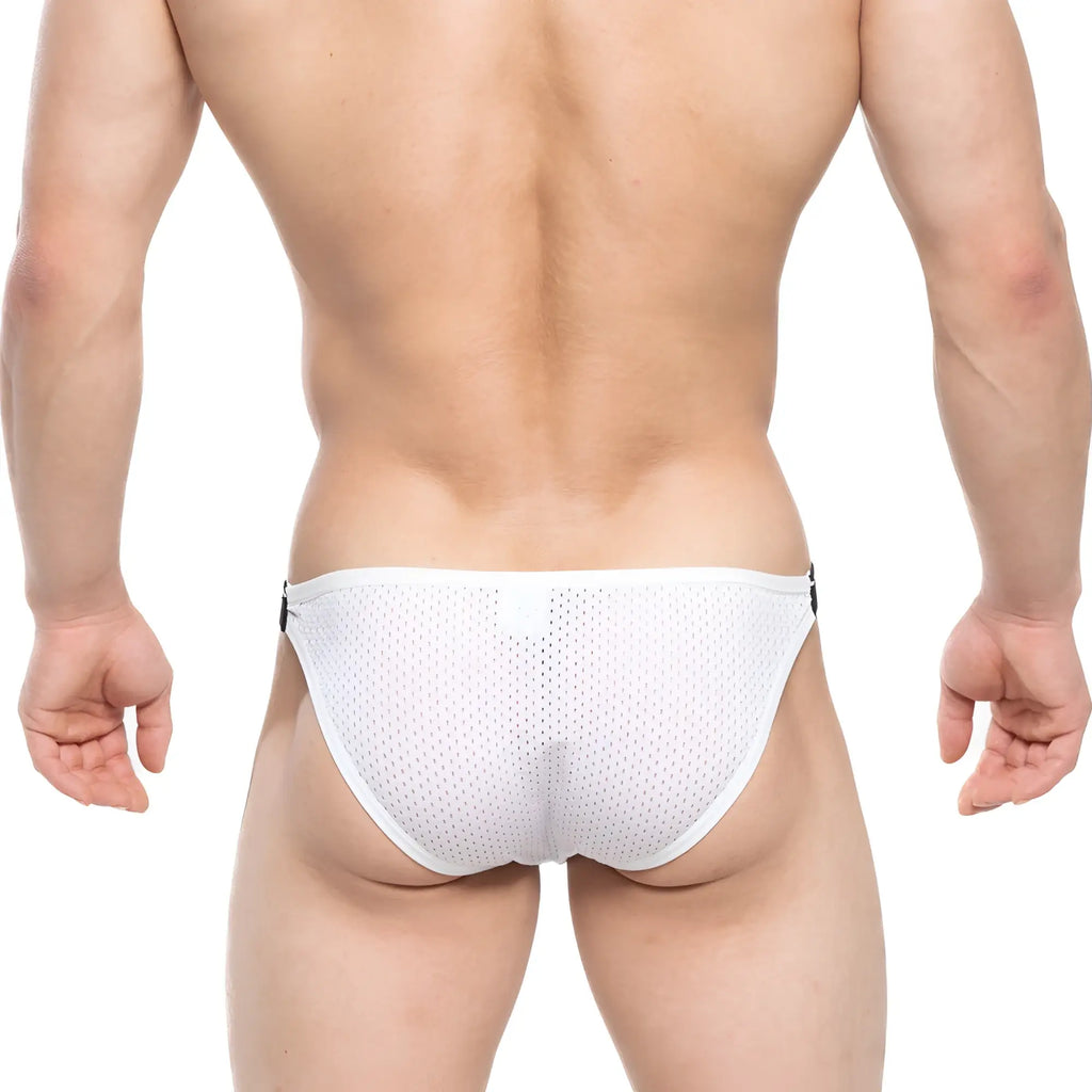 MetroMaleWear Verano bikini white mesh briefs with black side tabs designed for comfort and style