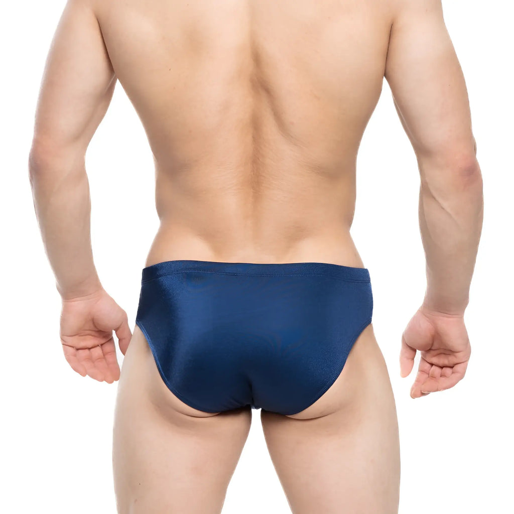 Navy blue satin swim briefs by metromalewear designed for comfort and style in the water