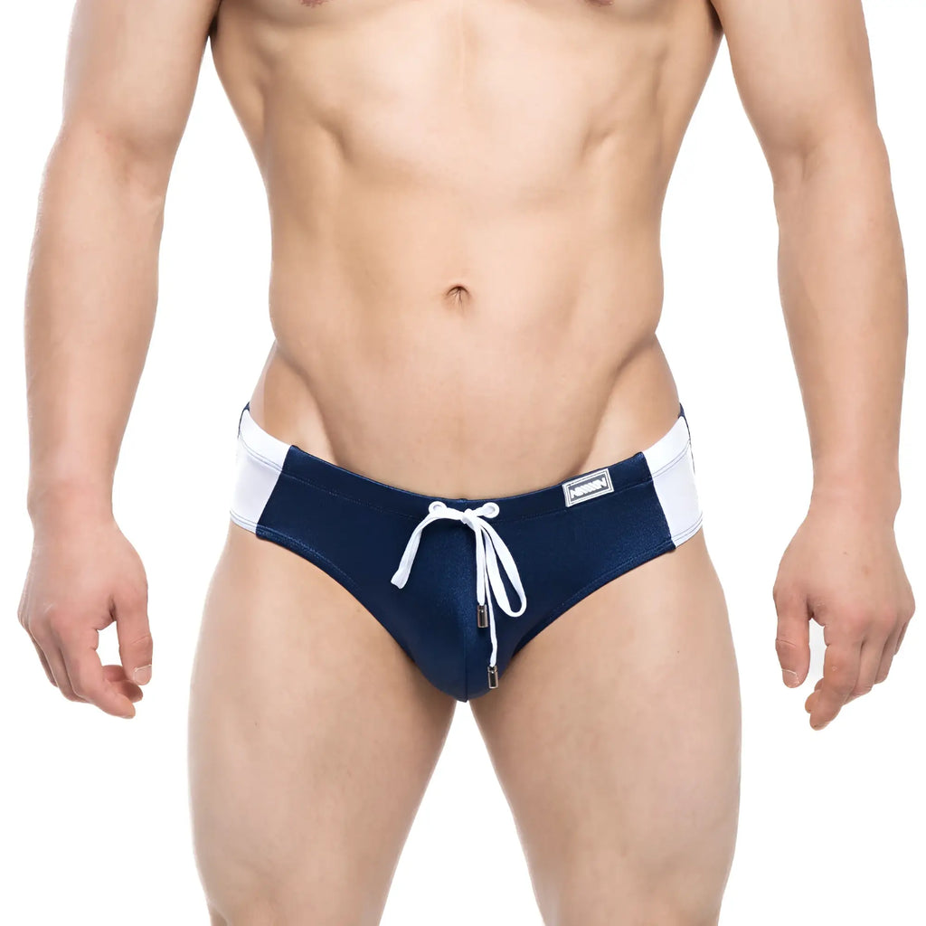 MetroMaleWear versity swim brief navy 4998-28 features navy blue and white swim trunks with drawstring waist and zipper closure