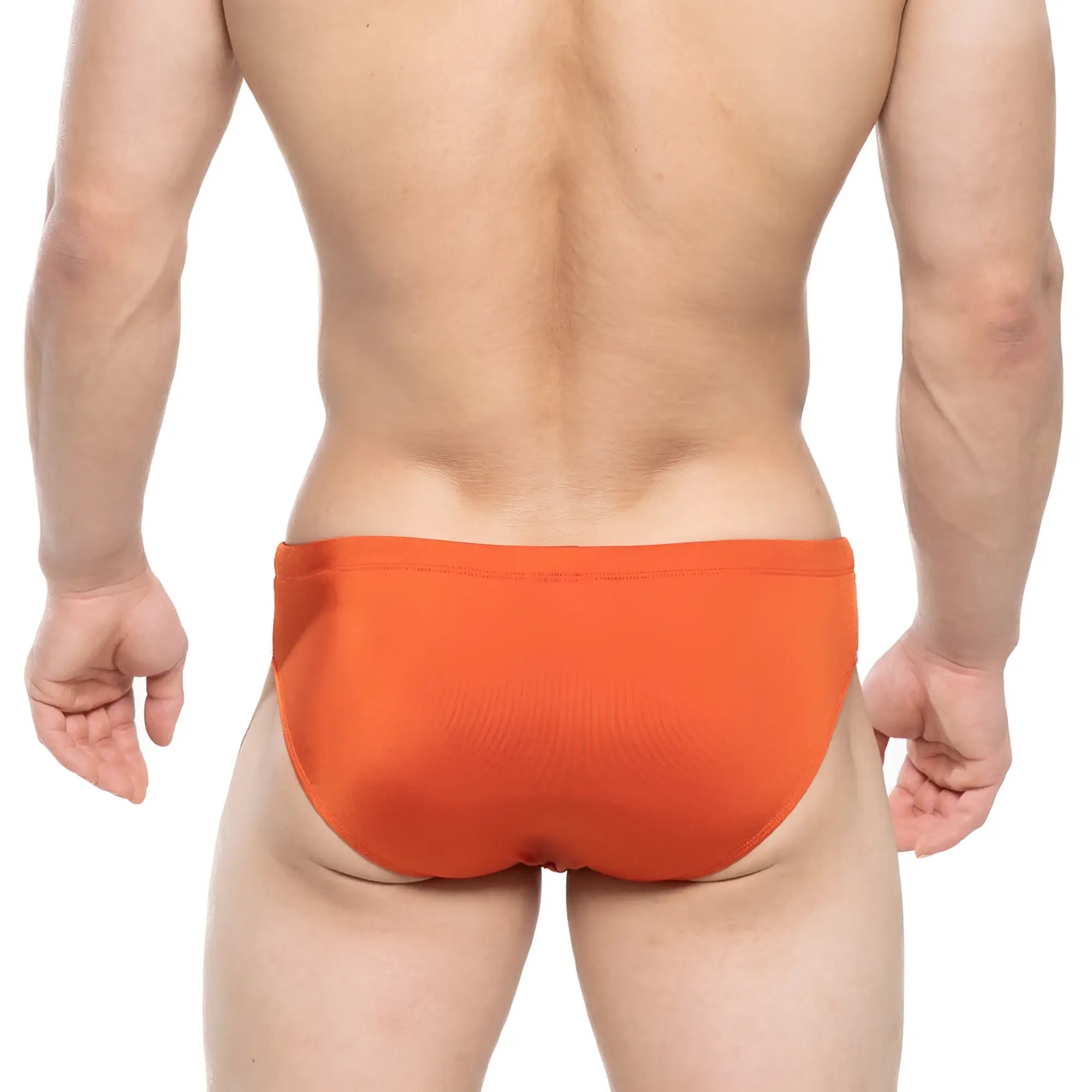 Bright orange ochre swim briefs by MetroMaleWear made of smooth stretchy fabric for comfortable wear