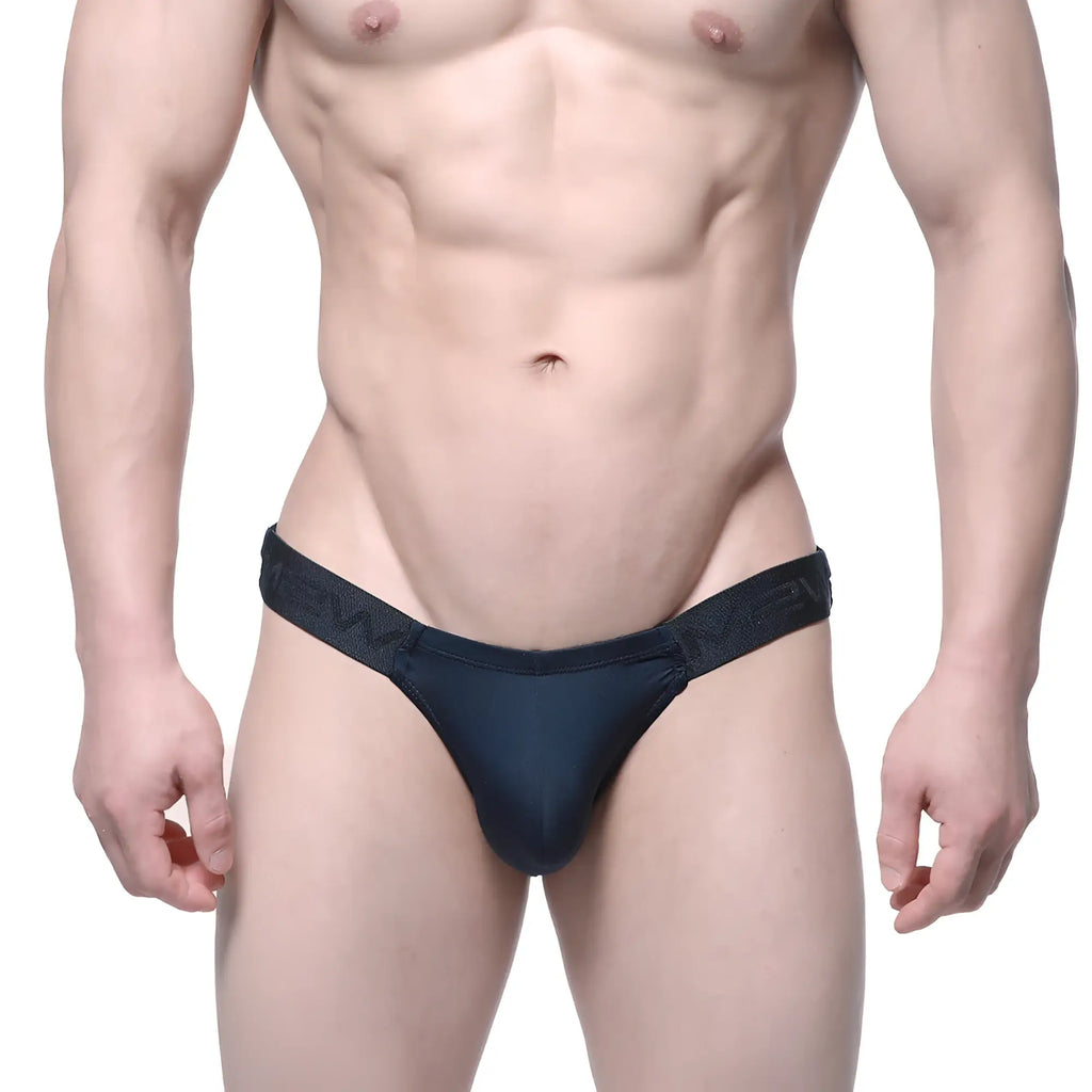 Black form-fitting MetroMaleWear Veus bikini thong with textured waistband shown from the back side