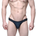 Black form-fitting MetroMaleWear Veus bikini thong with textured waistband shown from the back side