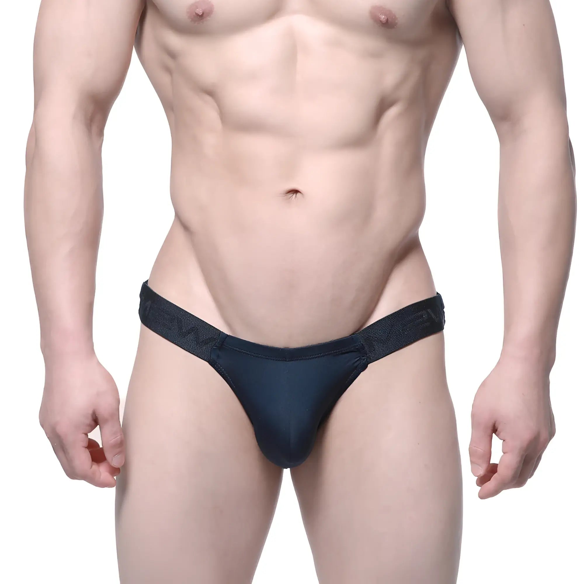 Black form-fitting MetroMaleWear Veus bikini thong with textured waistband shown from the back side